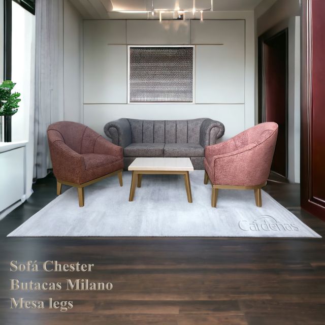 Sofá Chester, butacas Milano y mesa legs
