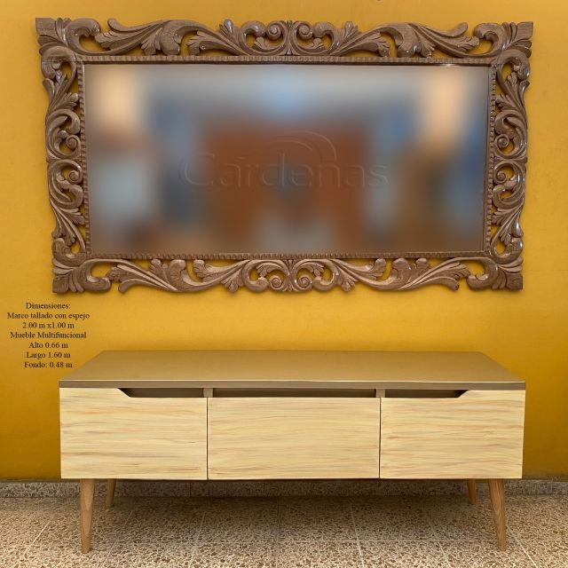Marco tallado de roble con espejo y Mueble multifuncional con 3 gavetas